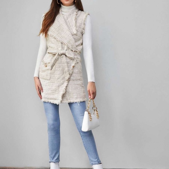 cream waterfall tweed vest jacket fall belt - Picture 4 of 6
